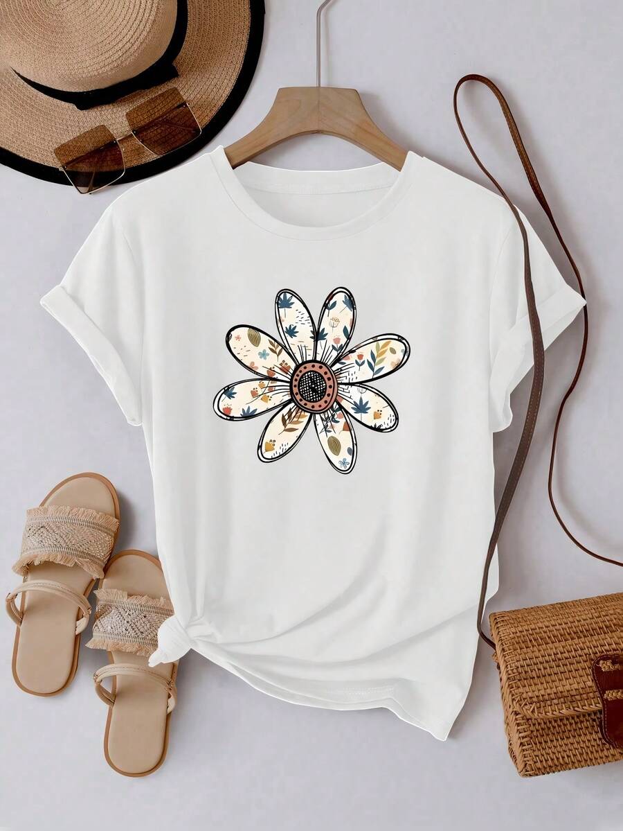Camiseta Casual de Mujer de Cuello Redondo y Manga Corta, con Estampado Floral Vintage, Ideal para Uso Diario en Primavera y Verano - Blanco - Ver 1