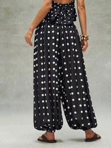 Pantalones sueltos de mujer con cordón y estampado de lunares tejido informal - Blanco y Negro - Ver 7