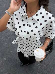 Blusa con cintura ceñida con estampado de lunares para mujer, nueva colección primavera/verano - Blanco - Ver 3