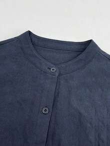 Camisa de manga larga de unicolor, suelta, casual y cómoda para mujer, primavera - Azul marino - Ver 7