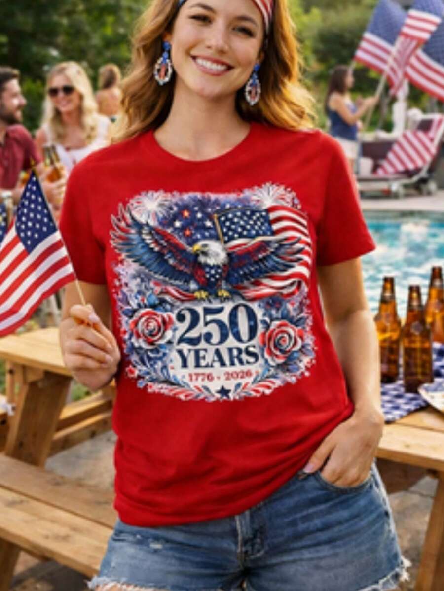 Women's Plus Size T-Shirt, 250th Anniversary 1776-2026, Floral Print, Casual, Short Sleeve, Crew Neck, Patriotic, For The Fourth Of July - 紅色 - 查看 1