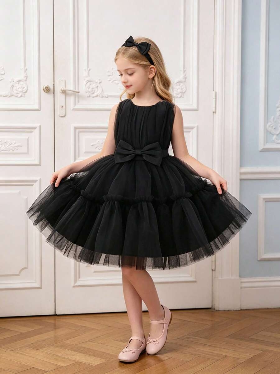1 pieza Vestido de falda de tul con decoración de lazo de unicolor y diadema para niña, lindo y elegante - Negro - Ver 1