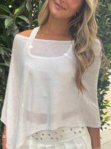 Women Sheer Poncho Top Lightweight Knit Crochet Shrug Bolero Mesh Batwing Sleeve Sweater Cover Up Beachwear - Blanco - Ver 2