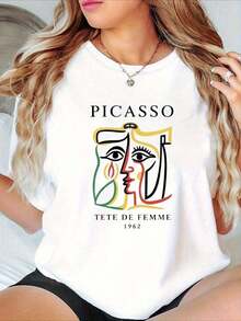 Camiseta con estampado gráfico PICASSO, manga corta, cuello redondo, top casual para verano y primavera, ropa de mujer. - Blanco - Ver 7