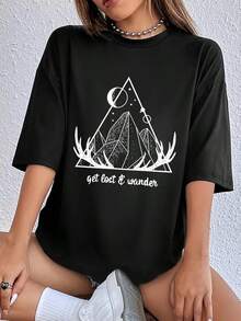 Women's T-Shirt With Mountain Peak Antler Print, Loose Fit, Casual Crew Neck, Short Sleeve Home Top - 黑色 - 查看 1