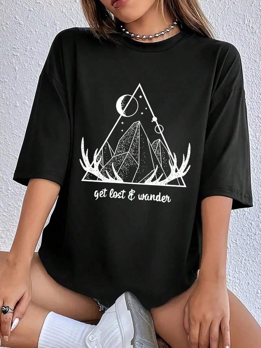 Women's T-Shirt With Mountain Peak Antler Print, Loose Fit, Casual Crew Neck, Short Sleeve Home Top - 黑色 - 查看 1