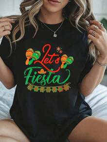 Camiseta de Fiesta Mexicana Cinco De Mayo Let's Fiesta - Camisetas Gráficas 100% Algodón para Mujer, Ropa de Verano, Playeras de Mujer - Negro - Ver 7