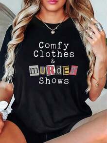 Women's Fashion Minimalist T-Shirt, Round Neck And Short Sleeve, Casual Sporty Style, Comfortable For Summer Vacation - Urban Vintage Style, Unisex, Loose Fit, Cotton, Short Sleeve And Round Neck. - 黑色 - 查看 1