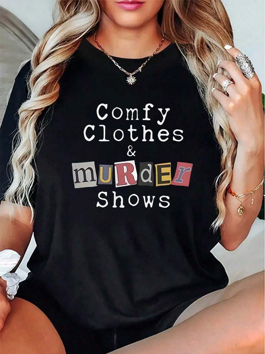 Women's Fashion Minimalist T-Shirt, Round Neck And Short Sleeve, Casual Sporty Style, Comfortable For Summer Vacation - Urban Vintage Style, Unisex, Loose Fit, Cotton, Short Sleeve And Round Neck. - 黑色 - 查看 1