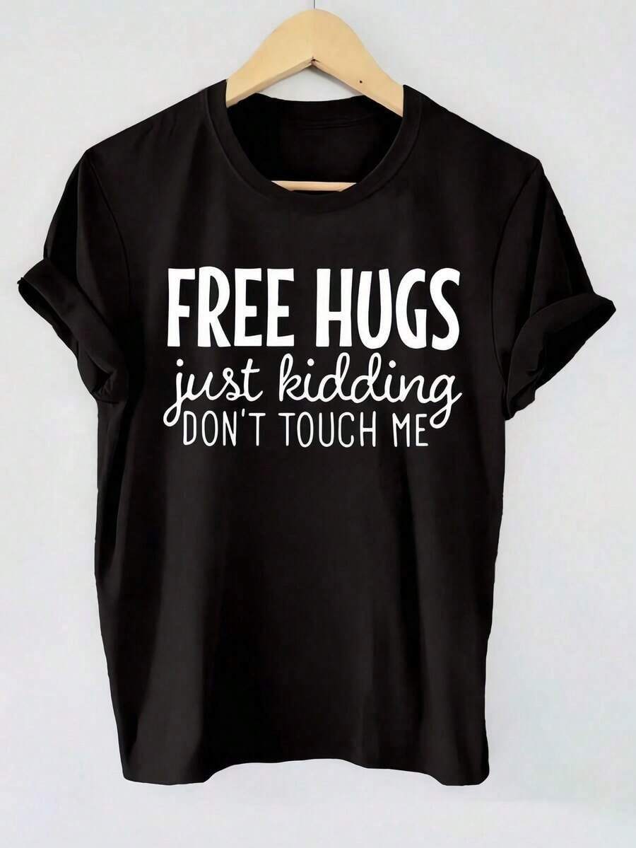Camiseta Gráfica De Mujer Abrazos Gratis, Solo Bromeaba, No Me Toques - Negro Con Impresión Blanca, Cuello Redondo De Manga Corta, Casual, Ajuste Regular, Lable A Máquina, Cómoda Todo El Año, Round Neck Printed Short Sleeve Casual Everyday T-Shirt, They Are Excellent Gifts For Friends And Family,100% Cotton T-Shirts Feature, A Youthful And Fashionable Design Blusas Para Mujer Camisa - Negro - Ver 1
