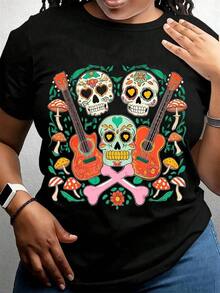 ropa de mujer Camiseta con estampado de calaveras y hongos del Día de Muertos, diseño de calaveras de azúcar con guitarras acústicas y espinas cruzadas, ropa para festivales y fiestas, camisas de mujer - Negro - Ver 1