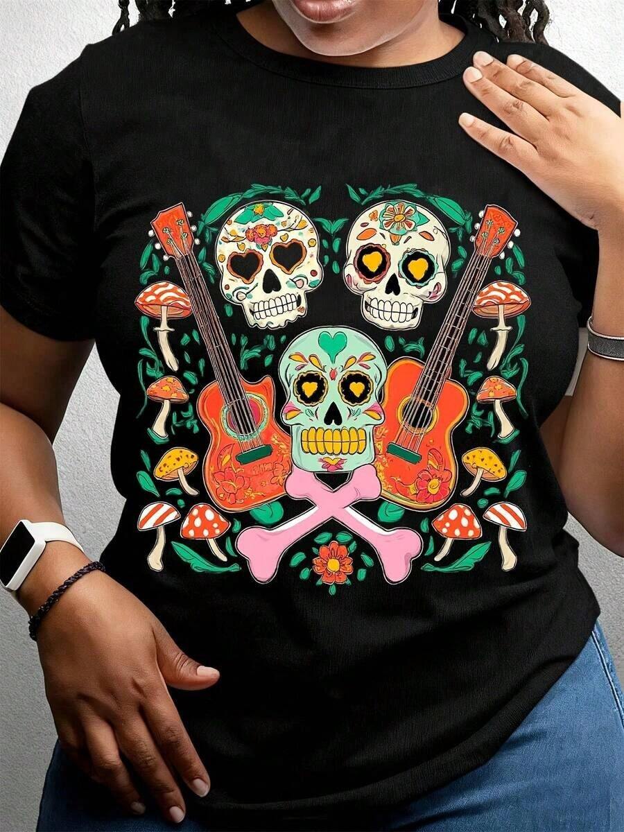ropa de mujer Camiseta con estampado de calaveras y hongos del Día de Muertos, diseño de calaveras de azúcar con guitarras acústicas y espinas cruzadas, ropa para festivales y fiestas, camisas de mujer - Negro - Ver 1