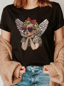 Plus Size Women's T-Shirt With  Vintage Cherub Graphic Print With Heart-Shaped Sunglasses, Short Sleeve, Round Neck, Casual Top For Summer And Spring, Women's Clothing - 黑色 - 查看 1