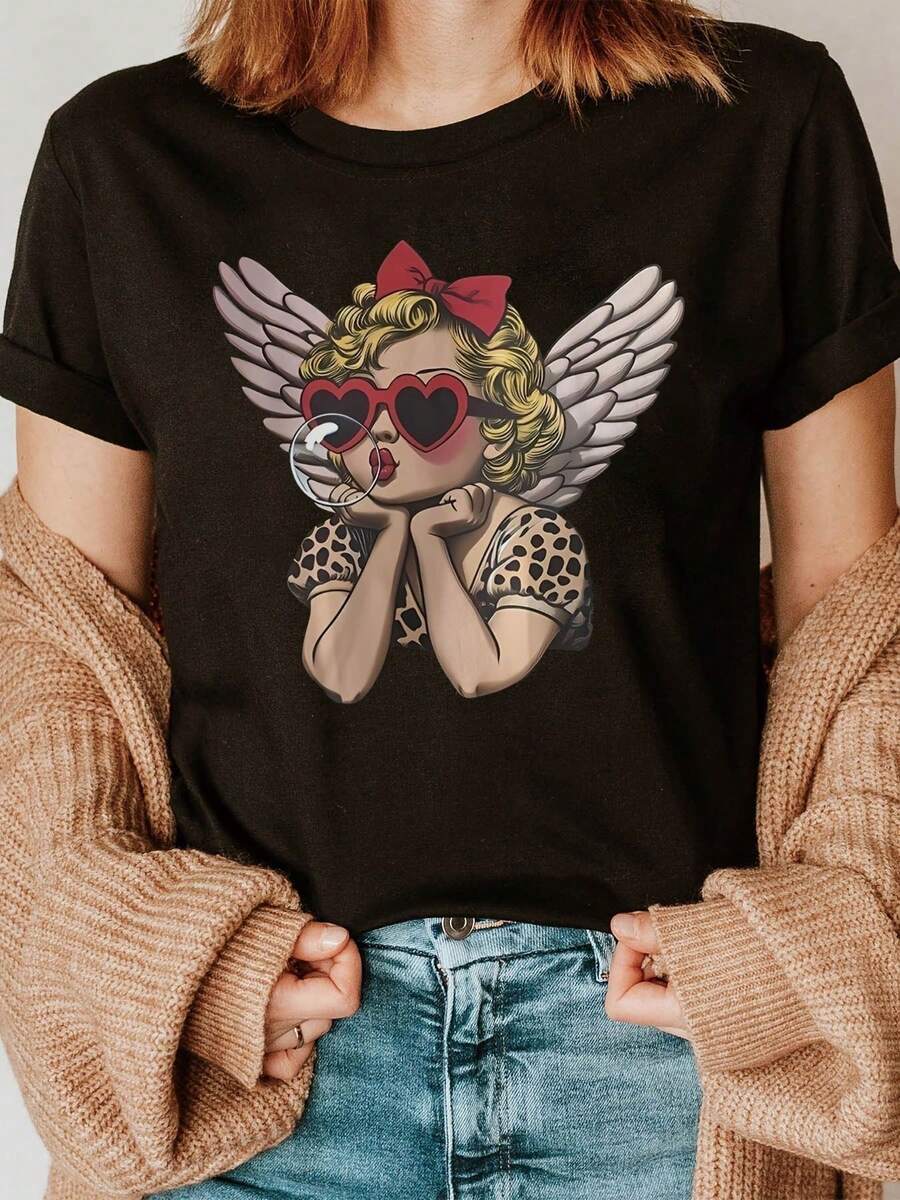 Plus Size Women's T-Shirt With Vintage Cherub Graphic Print With Heart-Shaped Sunglasses, Short Sleeve, Round Neck, Casual Top For Summer And Spring, Women's Clothing - 黑色 - 查看 1