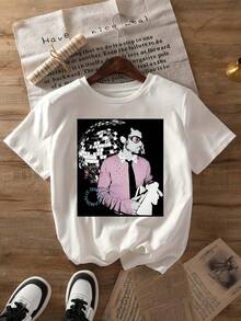 Camiseta con estampado de beso de , top casual de manga corta y cuello redondo, ropa de mujer adecuada para primavera y verano. - Blanco - Ver 1