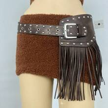 Western Cowgirl Style Black Fringe Rivet Belt, Personalized Wide Leather Belt, Suitable For Dresses And Jeans, Baddie Y2K Punk Rivet Fringe Wide Waist Belt - Multicolor - View 7