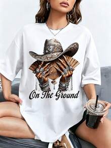 Camiseta de manga corta para mujer de talla grande, con estampados de sombreros y abanicos de moda, que simplifica la dificultad de elegir la ropa diaria. - Blanco - Ver 6