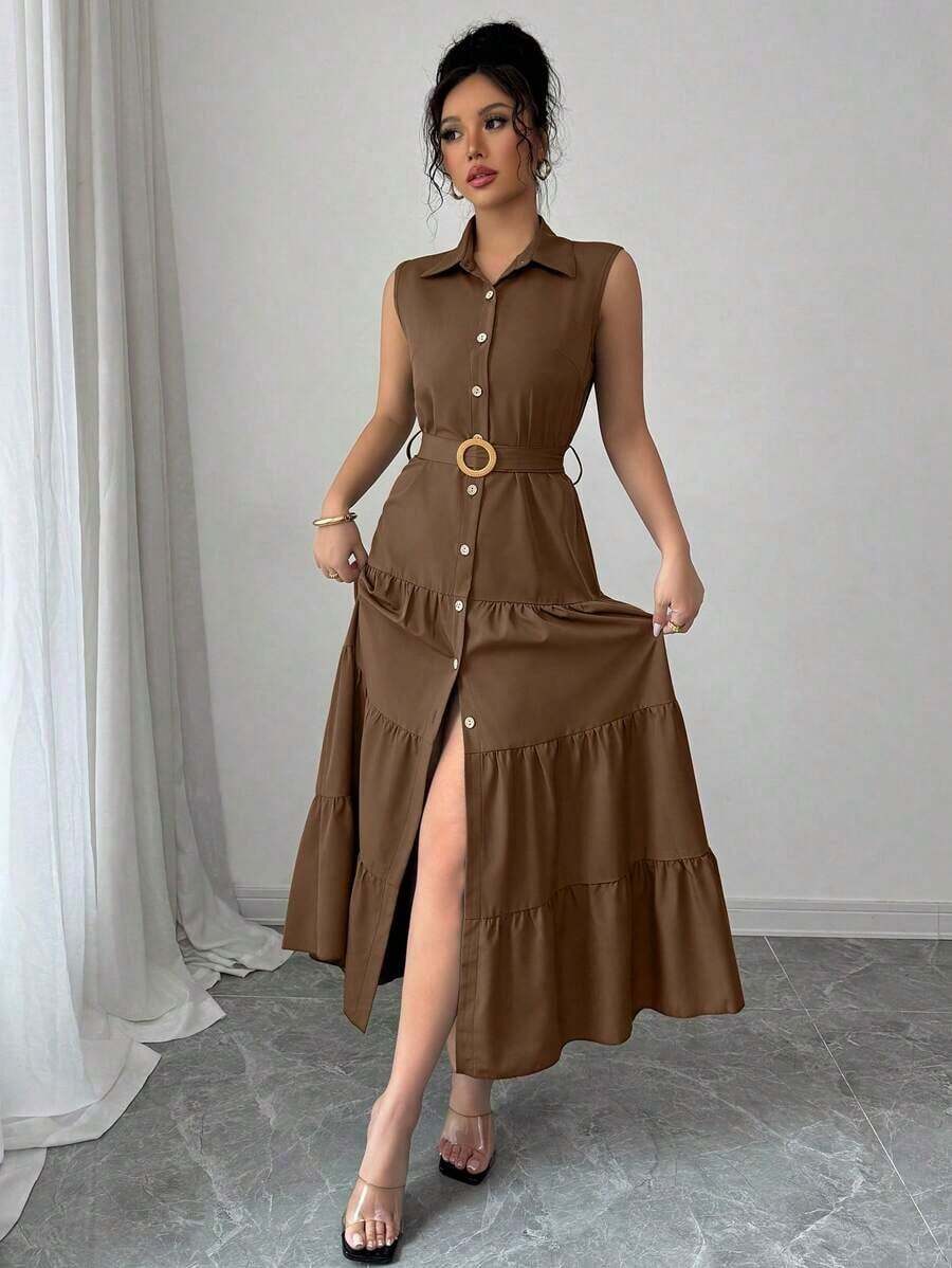 Women's Single-Breasted Sleeveless Shirt Dress With Ruffled Hem In Solid Color - Brown - View 1