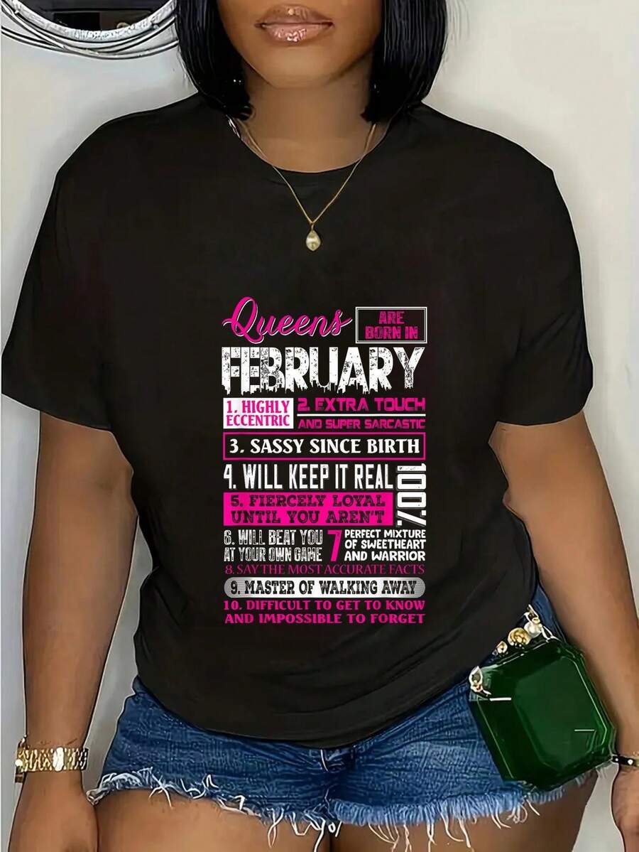Soft, Breathable, And Lightweight For All-Day Wear. Comfortable Plus-Size Women's Clothing, Funny February Birthday T-Shirt For Women - "February Born Queen" Short-Sleeve Graphic Tee, Soft 180g Crew Neck Top With Funny Sayings, Black And Pink Print For February Birthdays And Casual Wear, Plus-Size Women's Birthday T-Shirt, Everyday Wear, Printed Design, Lightweight Fabric, Comfortable Fit, Personalized Wardrobe Piece, Excellent Gift Choice. Classic Crew Neck With Relaxed Fit That Flatters All Body Shapes And Is Easy To Pair With Jeans, Shorts, And Leggings. - 黑色 - 查看 1