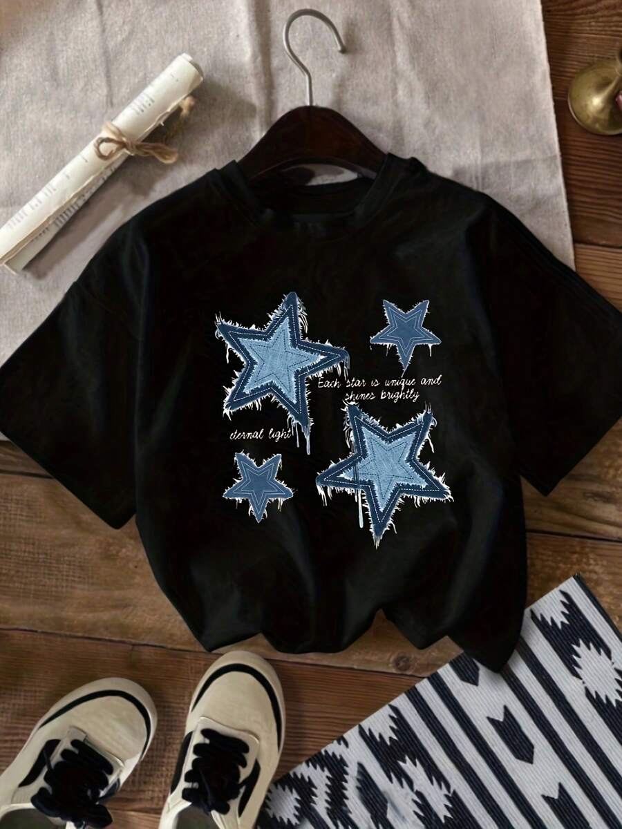 Women's Loose Fit Retro Style T-Shirt With Star Print, Denim Star Design With Inspirational Phrase "Every Star Is Unique", Breathable And Comfortable, Short Sleeve, Soft Cotton Round Neck, Ideal For Casual Outings And 90s Aesthetic Fashion Looks. - 黑色 - 查看 1