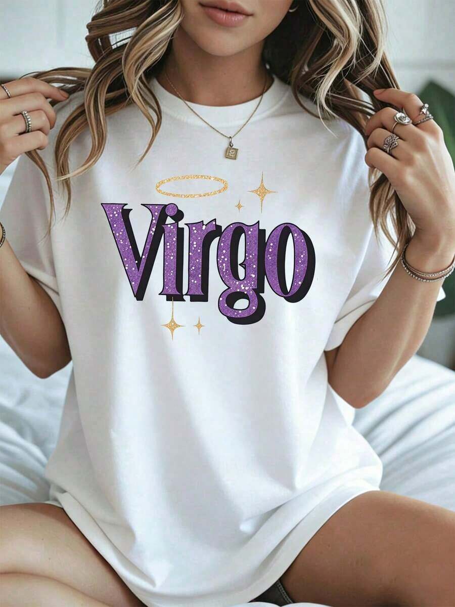 Elegant And Casual Women's Short-Sleeved White T-Shirt With Virgo Zodiac Sign Print, Summer Casual Wear, Astrology-Themed Top. - 白色 - 查看 1