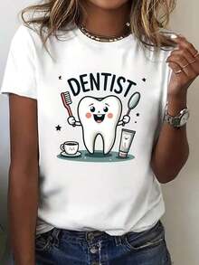 Camiseta de algodón puro, camiseta casual de manga corta para mujer con cuello redondo, diseño divertido y animado con dientes de dibujos animados y herramientas dentales, color verde dentista, elasticidad media, lavable a máquina, cómoda para todas las estaciones, regalo para asistente dental, uso diario, ilustraciones divertidas-X - Blanco - Ver 2