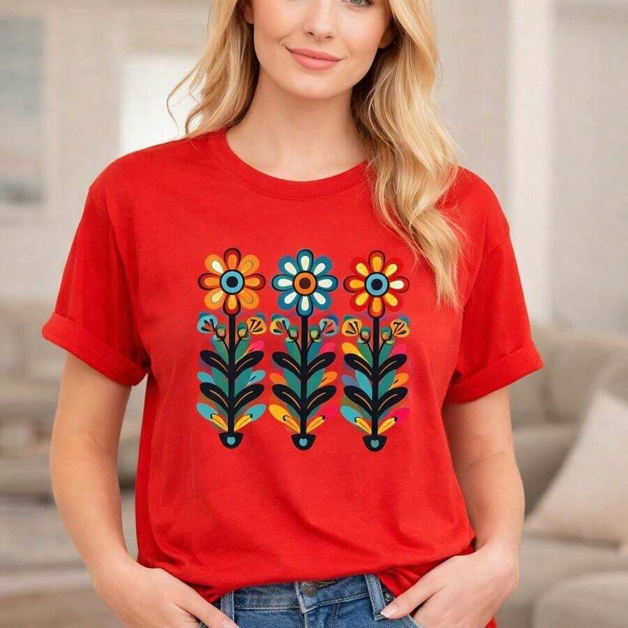 Women's Casual Cotton T-Shirt, Loose Fit, Short Sleeve With Colorful Floral Print, Casual Daily Wear, Soft And Breathable Fabric, Round Neck, Basic Summer Top, Sizes Up To 5XL. - 紅色 - 查看 1
