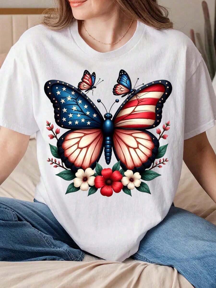 Camiseta Vintage Unisex Estilo Igual con Estampado de Bandera Americana, Mariposas y Flores, Cuello Redondo, para Uso Diario Casual, Fiestas y Regalo, Opción Ideal, Lavable, Camiseta Gráfica - Blanco - Ver 1