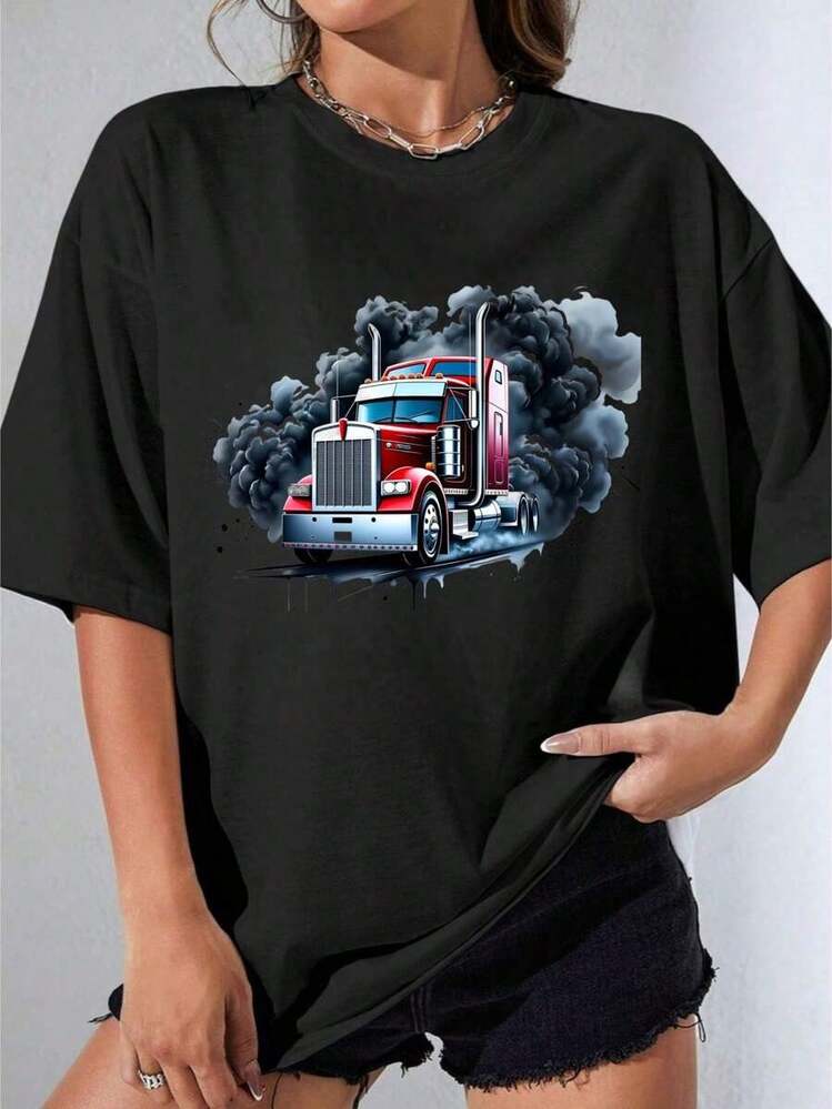 Black And White T-Shirt For Girls, Oversized T-Shirt With White Truck Graphic Print For Casual Wear, Outdoor Parties, Casual Printed T-Shirt 180g - 黑色 - 查看 7