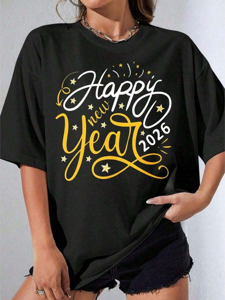 Camisetas de Mujer, Manga Corta Casual para Fiesta, Camiseta Oversize OneWhite con Diseño de Estrellas Caligráficas Doradas y Plateadas para Celebración de Año Nuevo 2026, 180g - Negro - Ver 1
