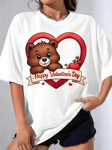 Camiseta Negra y Blanca para Mujer con Estampado de Oso y Corazón para el Día de San Valentín, Camiseta Blanca con Estampado de Oso de Dibujos Animados y Corazón Rojo para Mujer, Ropa Casual, Regalo Romántico para el Día de San Valentín, Fiesta al Aire Libre, Camiseta Estampada Casual de 180g - Blanco - Ver 1