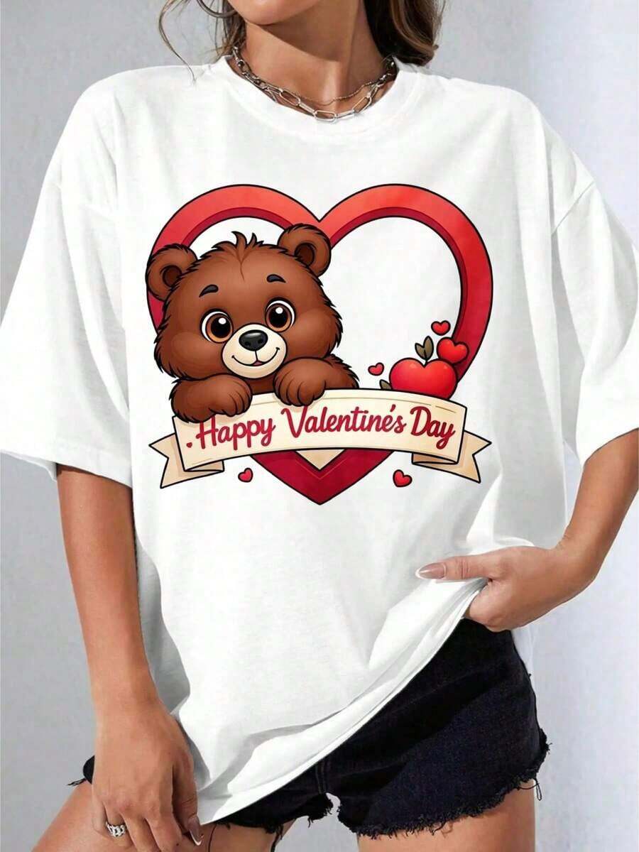 Camiseta Negra y Blanca para Mujer con Estampado de Oso y Corazón para el Día de San Valentín, Camiseta Blanca con Estampado de Oso de Dibujos Animados y Corazón Rojo para Mujer, Ropa Casual, Regalo Romántico para el Día de San Valentín, Fiesta al Aire Libre, Camiseta Estampada Casual de 180g - Blanco - Ver 1