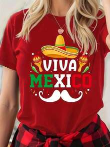 NewSummerCasualCamiseta con estampado mexicano, top casual de manga corta y cuello redondo, ropa de mujer para primavera/verano, 100% algodón.-Vintage Street Style Unisex Loose Cotton Short Sleeve Crew Neck T-Shirt - Rojo - Ver 6