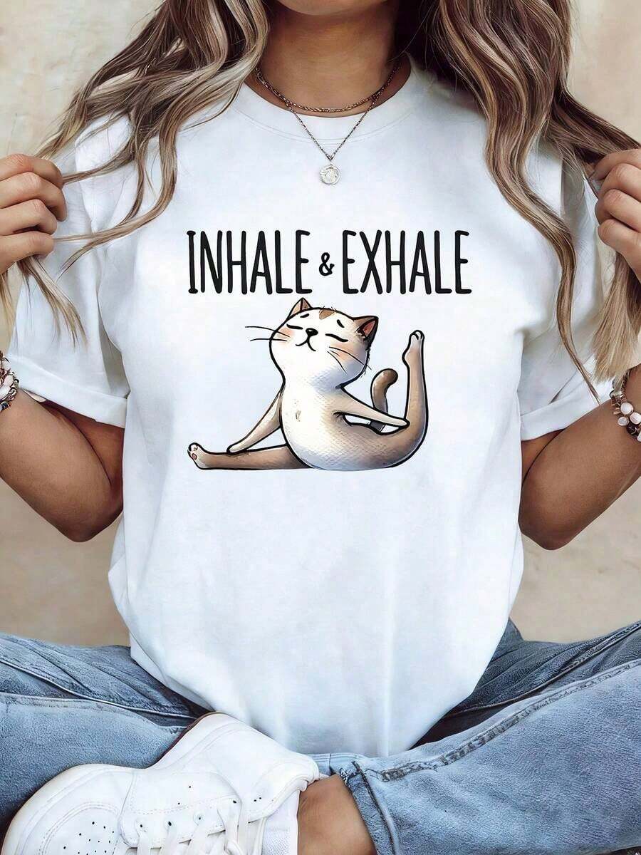 LooseTalla, INHALE EXHALE Camiseta de Mujer Talla con Diseño Lindo y Manga Corta Cuello Redondo para Primavera/Verano, Estudio y Uso Casual - Top Transpirable para Amantes (Lavable aáquina) 12345667P1827Basic Crew Neck Cotton T-shirt for Women - Blanco - Ver 1