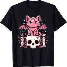 Camiseta adorable de estilo gótico pastel con estampado de gato, murciélago y calavera. Dise?o original. Regalo perfecto. Camiseta para mujer. Ropa urbana. - Negro - Ver 2