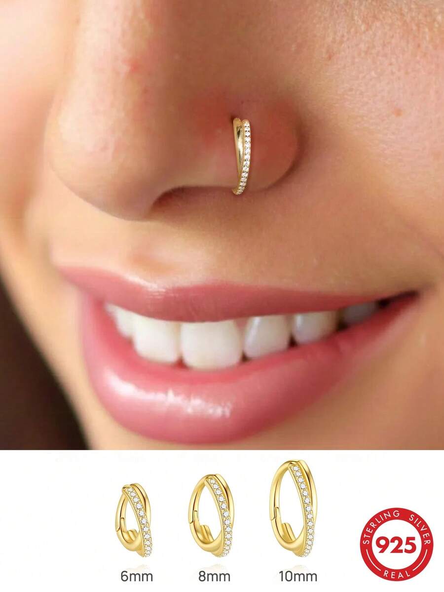 1件 925純銀 CZ 鼻環 6-10mm 多尺寸 低過敏性身體穿刺飾品 圓環耳環 男女通用 日常配戴與禮品 - 金色 - 查看 1