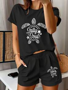 Camiseta negra de manga corta para mujer con estampado divertido de tortuga  y diseño de cuello redondo microelástico suave y adherente (sin pantalones) - Informal, fresca y transpirable, con personalidad llamativa, estilo retro callejero bohemio Chaoku, blusa para chicas modernas y atrevidas, adecuada para un uso diario cómodo y relajado. - Negro - Ver 8