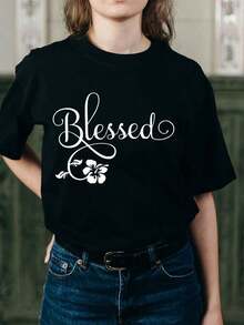 100% algodón, 1 pieza, camiseta negra con estampado floral para mujer, cuello redondo, camiseta casual de algodón, tejido de punto de elasticidad media, corte regular para damas, ideal para primavera/verano/otoño, Pascua/Día de San Valentín/Día de la Madre/Acción de Gracias/Navidad. - Negro - Ver 5