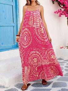 Vestido informal de tirantes de mujer con estampado total, Vestido de tirantes a lunares - Rosa Fucsia - Ver 10