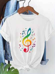 Camiseta estampada para amantes de la música, con un símbolo de notas altas, de manga corta y cuello redondo, ideal para primavera y verano, diseñada específicamente para mujeres. Camiseta cómoda y versátil de manga corta. - Blanco - Ver 1