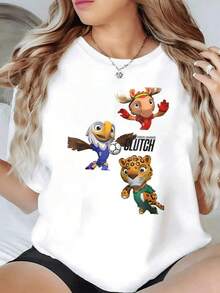 Tres adorables animales deportivos un águila un jaguar y un alce que celebran la pasión por el fútbol transmitiendo energía y alegría camiseta de mujer casual cómoda y moderna para uso diario - Negro - Ver 1