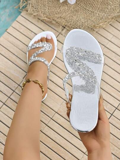 Giày sandal đế bằng hở mũi trong suốt lấp lánh dành cho nữ, đính sequin lấp lánh, quai trong suốt nhẹ, bắt mắt, thích hợp cho tiệc tùng và hoạt động ngoài trời.