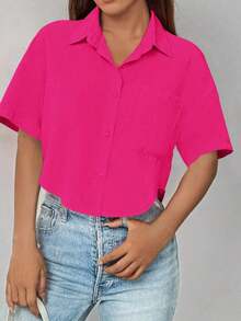 negra casual corta y sencilla de manga corta para uso diario para damas - Rosa Fucsia - Ver 3