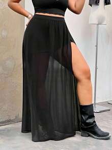 Falda larga de chifón semitransparente y con abertura lateral para mujeres de talla grande - Negro - Ver 4