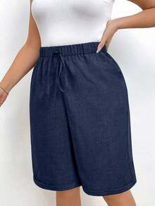 Pantalones cortos holgados de lino de talla grande para mujer, de unicolor, con bolsillo y lazo en la cintura, pantalones cortos anchos y de pierna ancha, pantalones cortos modestos para vacaciones y verano, color negro - Azul marino - Ver 5
