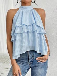 Blusa de gasa con volantes asimétricos y cuello suelto - Celeste - Ver 4