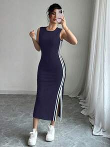 Vestido largo con abertura lateral decorativa de cinta bicolor negro y blanco de cuello redondo para mujeres - Azul marino - Ver 6