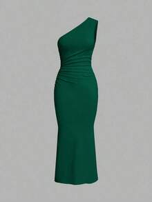 Vestido maxi de cola de pez con hombro asimétrico arrugado de unicolor sin mangas - Verde Oscuro - Ver 6