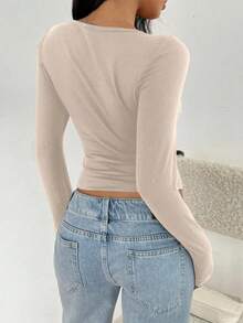 Camiseta básica de manga larga y cuello redondo negro ajustada para mujer, perfecta para el verano - Multicolor - Ver 2