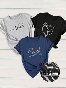 Set de 3 camisetas gráficas de manga corta casuales para mujer con diseños de corazón y gráfico ECG - Multicolor 6 - Ver 1
